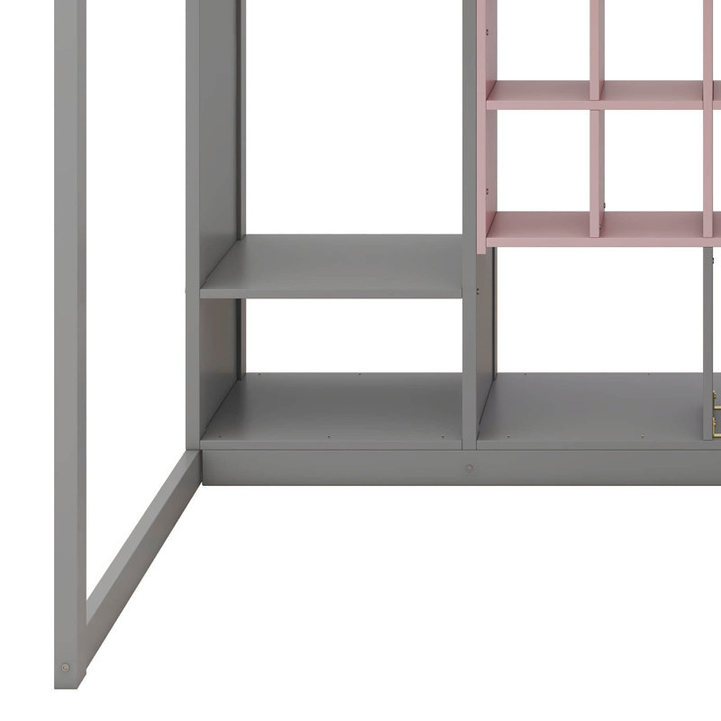 Lit mezzanine double en bois pleine grandeur avec garde-robe et armoire, cadre de lit multi-rangement peu encombrant avec tablettes ouvertes