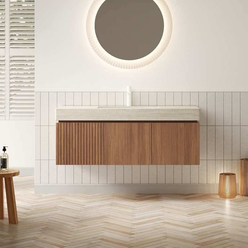 48" Modern Floating Bathroom Vanity with Sink, Wall Mounted Plywood Cabinet, Roma Travertine Sintered Stone Top, Soft-Close Storage, Pre-Assembled