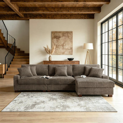 3 - Piece Upholstered Light Brown Faux Rabbit Fur Flannel Modular Sectional Sofa with Armrests & Throw Pillows