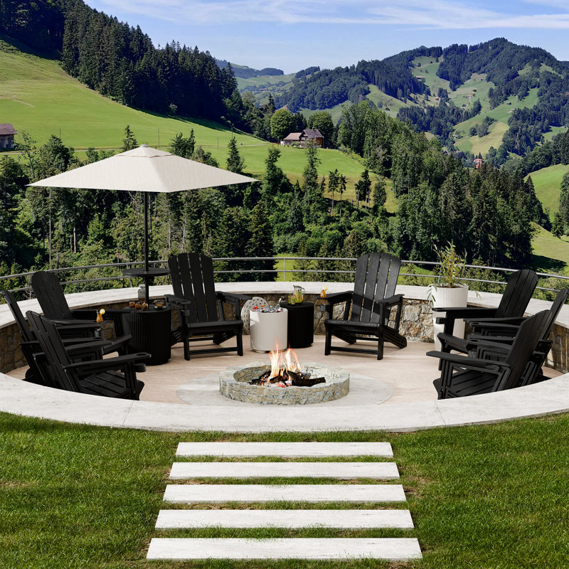 Eight in a Set Adirondack Chair with Cup Holder All-Weather Reclining Chair for Patio Deck Backyard and Poolside, Black