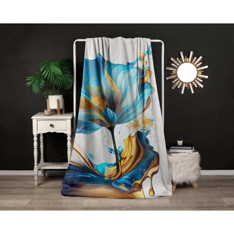 Throw Blanket, 68" W x 80" L, Floral, Light Blue/Yellow/White