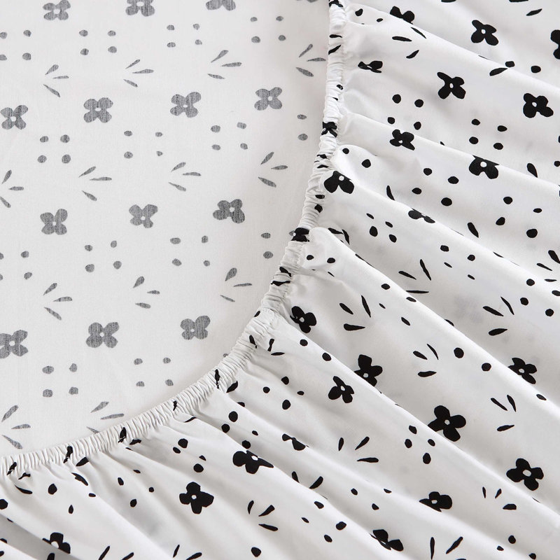 Full Black and White Cotton Percale Sheet Set with Floral Print