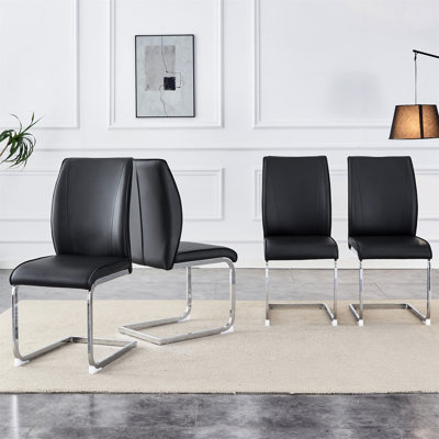 Luxury Simple Arch Chair - Set Of 4 Black PU Material High Resilience Dining Chair With Arched Metal Silver Leg.