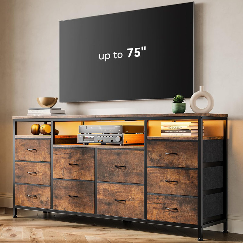 Commode 63,3 pouces pour chambre à coucher, meuble télé 10 tiroirs, Brun