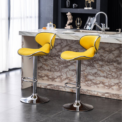 2 pièces en velours jaune - Base chromée avec rotation à 360 ° et repose-pieds Siège réglable en hauteur avec 2 coussins rembourrés et rembourrés de mousse de qualité