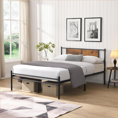 Full Size Metal Platform Bed Frame with Wooden Headboard, No Box Spring Needed, 10.8 Inch Under Bed Storage, 800lbs Capacity, Black for Bedroom