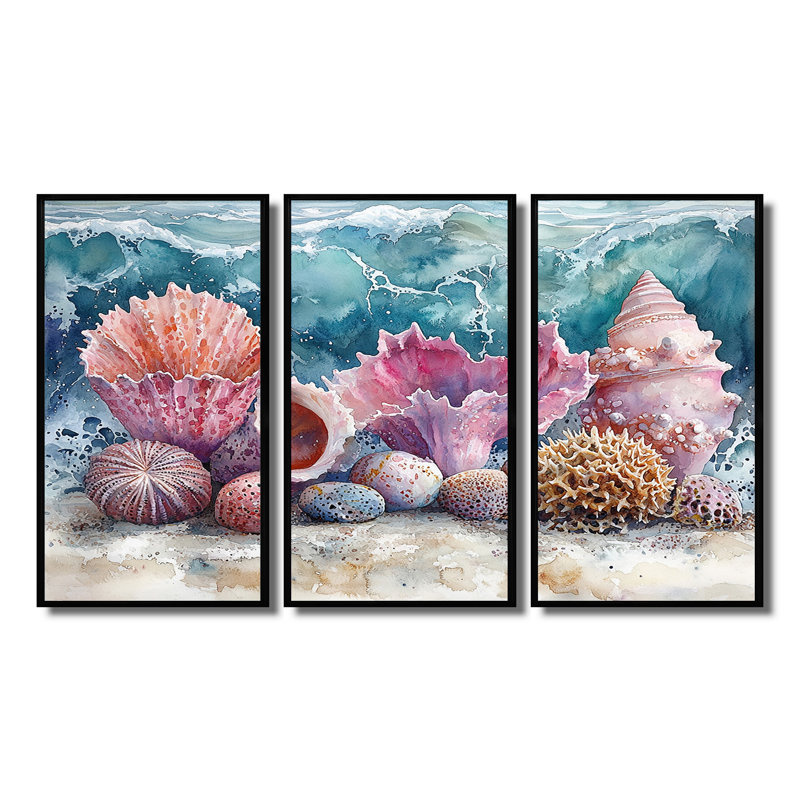 «Pink and Blue Beach Pottery Storm», ensemble de reproductions d'art mural, Toile avec cadre flottant noir
