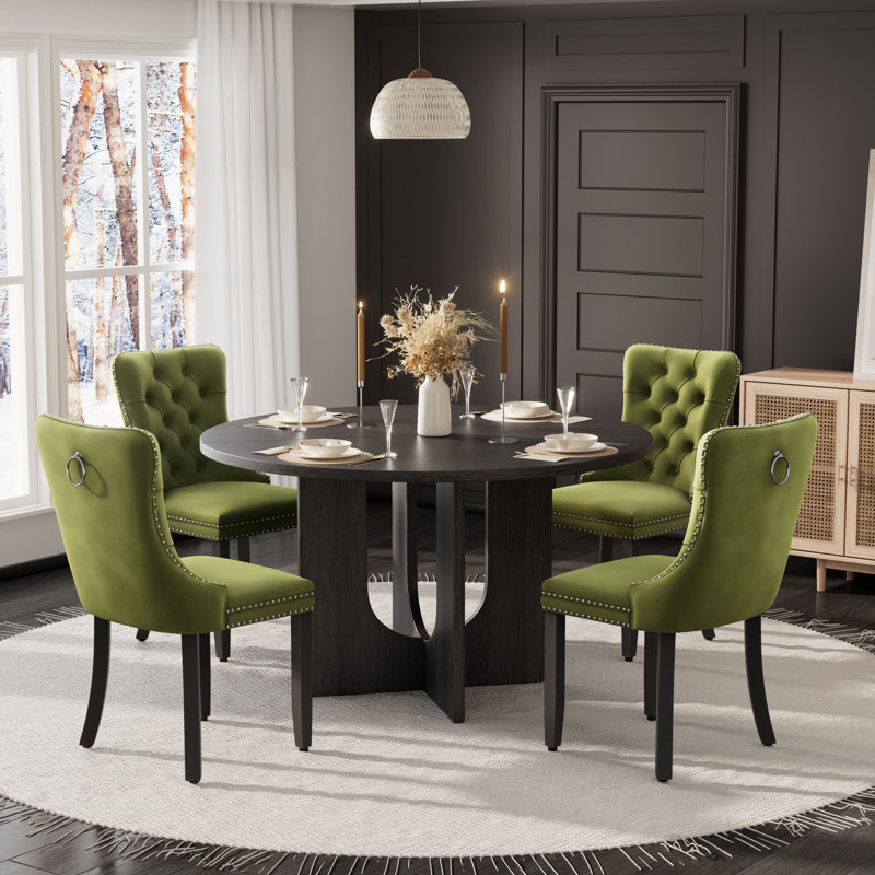Wooden Farmhouse Dining Table Set, Round Dining Table with Tufted Velvet Dining Chair for Dining Room, Ollive Green