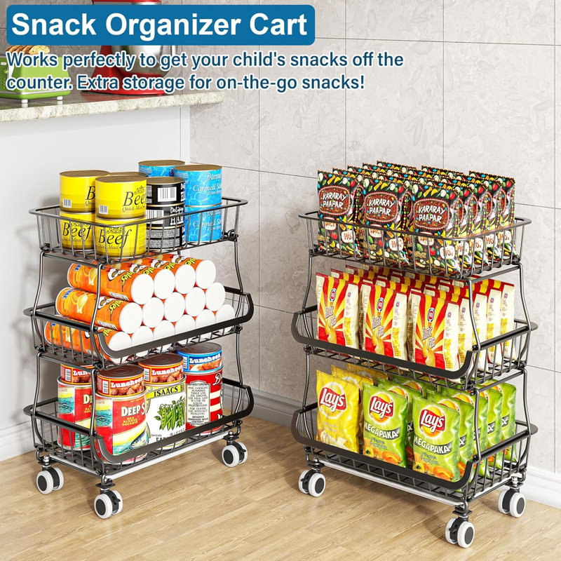 Three Layer Wheeled Rolling Food Storage Room Sorting Rack, Black