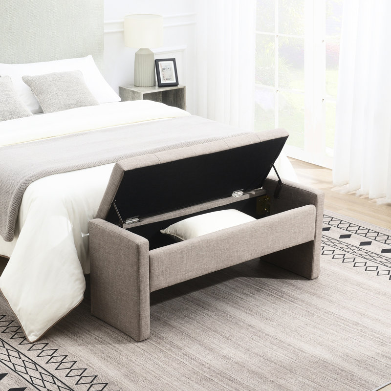 Grand tabouret de table basse avec rangement - Tissu en lin gris à couture soignée pour salon moderne, Gris brun