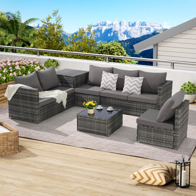 -piece Patio Furniture Set, Outdoor Wicker L-shaped Sectional With Corner Table And Glass Top Table For Poolside Or Backyard
