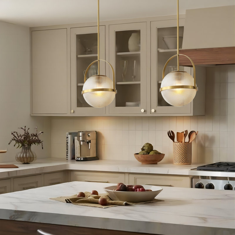 Gridora 1-Light Modern Glass Globe Kitchen Island Pendant Light, Brass