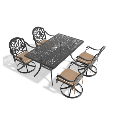Ensemble de salle à manger 5 pièces en fonte d'aluminium avec 4 chaises pivotantes et une table carrée, noir