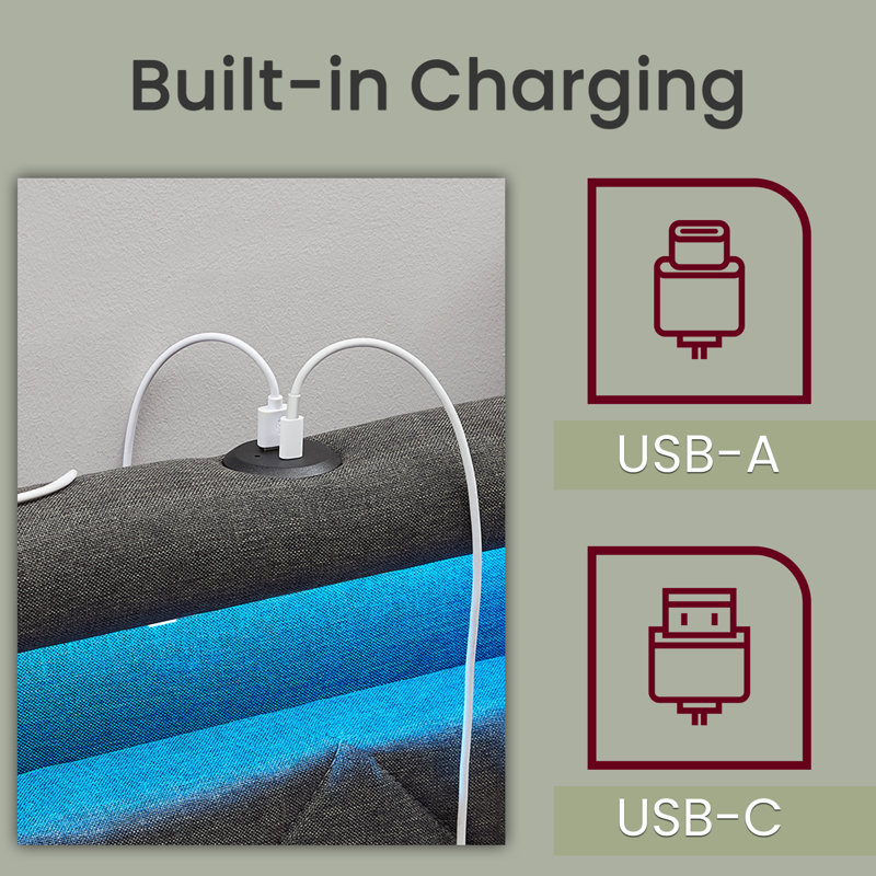 Lit avec tête de lit tapissier réglable et 4 tiroirs, 1 port USB et 1 port de type C, Light Grey, Full