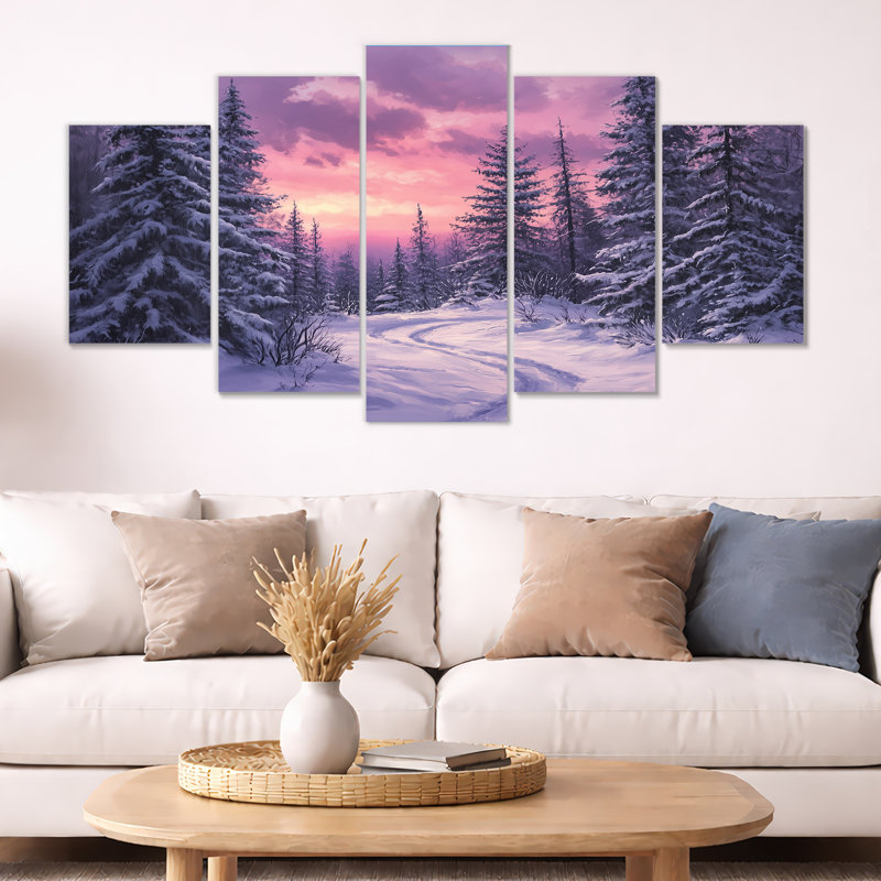 Art mural forêt de montagne, toile de pin d'hiver, pin enneigé au crépuscule, 5 pièces