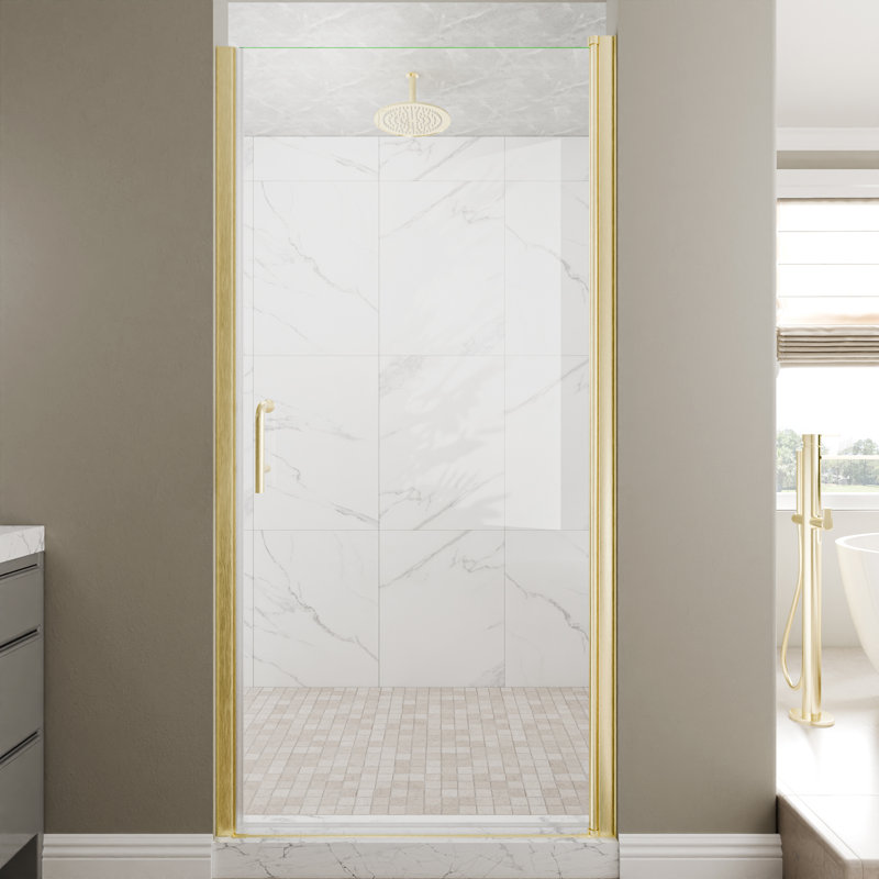 Porte de douche en verre pivotante sans cadre de 36-38 po x H 72 po avec verre certifié, Or brossé,  36"W x 72"H