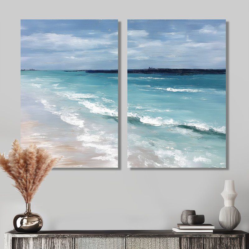 «Blue and White Coastal Beach Wonder», art mural sur toile, encadré blanc 2 pièces, H 36 po x l 48 po, Toile tendue
