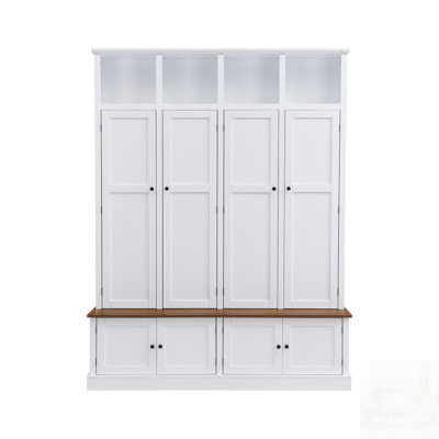 Farmhouse Hall Tree With Bench And Cabinet, 4-In-1 Entryway Organizer With Open Cubbies & Hooks For Modern Homes