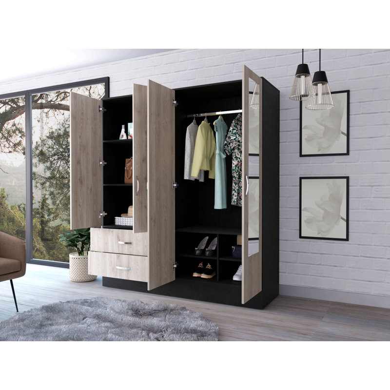 L Armoire à miroir, deux armoires avec cloisons, noir et gris clair