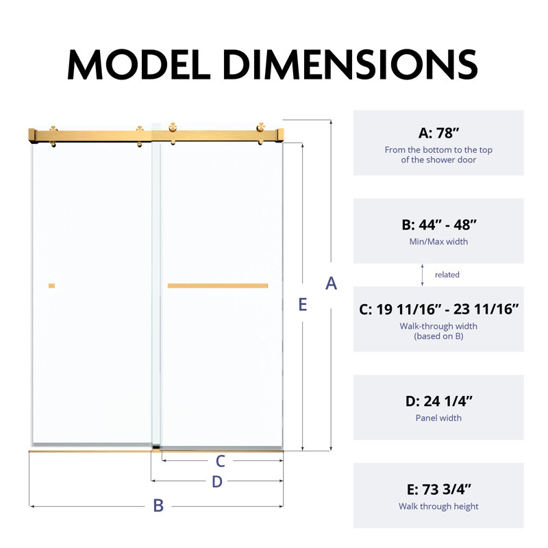 VS 44"–48" W x 78" H Double Sliding Frameless Soft-Close Glass Shower Door with 3/8" (10 mm) Thick Clear Tempered Glass, Easy-Clean Coating and Stainless Steel Hardware