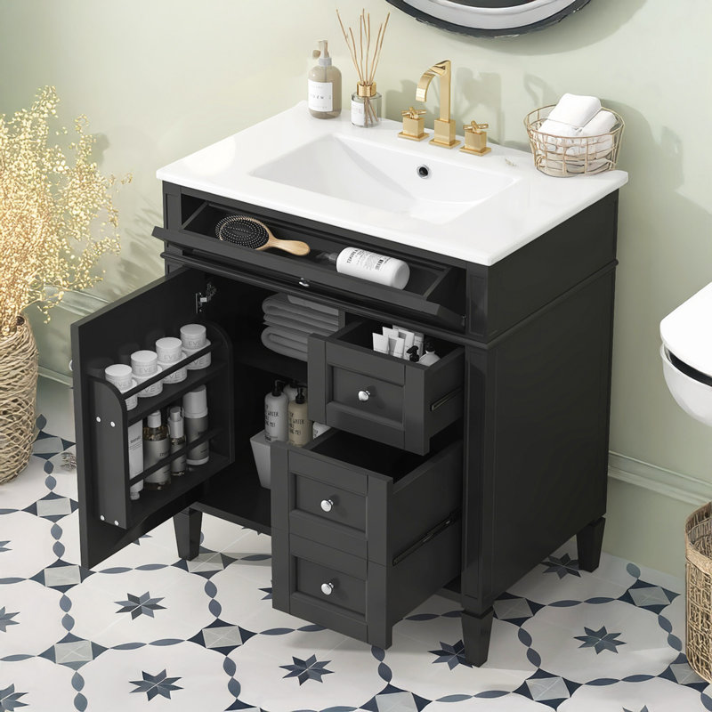 Ensemble de meuble-lavabo avec lavabo et 3 tiroirs de rangement, Noir / argenté