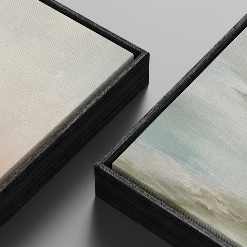 Paysage côtier brumeux bleu sauge doux – Ensemble de 2 impressions d'art encadrées sur toile 60 po x 30 po x 2, Cadre noir