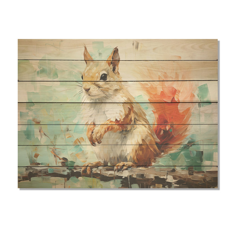 Écureuil rose et vert en fleurs V - animal écureuil sur bois, H 10 po x l 20 po