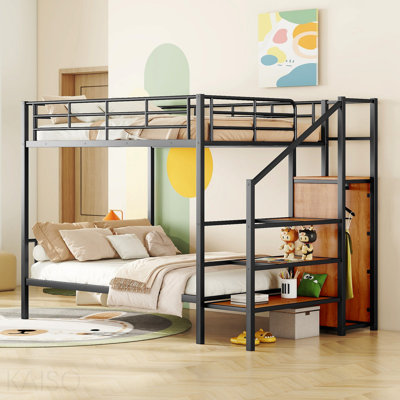 Lit superposé double en métal avec échelle de rangement latérale et garde-robe, noir