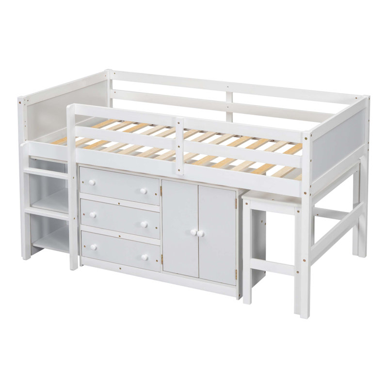 Lit mezzanine simple simple avec bureau coulissant, tiroirs, armoire et tablettes pour couleur blanche