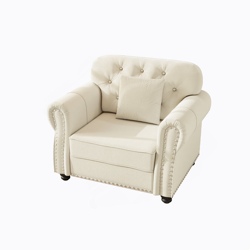 Canapé Chesterfield de 41,3 po en velours avec garniture cloutée et accoudoirs roulés, canapé de style Mid-Century moderne capitonné avec boutons, beige