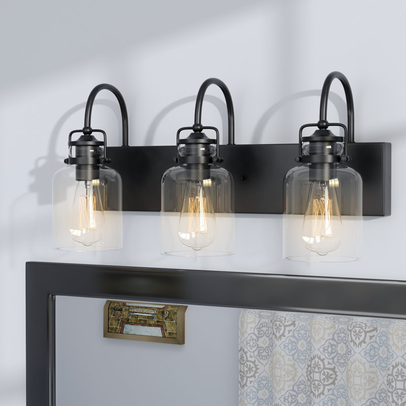Loucks 24 in. 3-Light Farmhouse Dimmable Vanity Light with Clear Glass Shade, Matte Black
