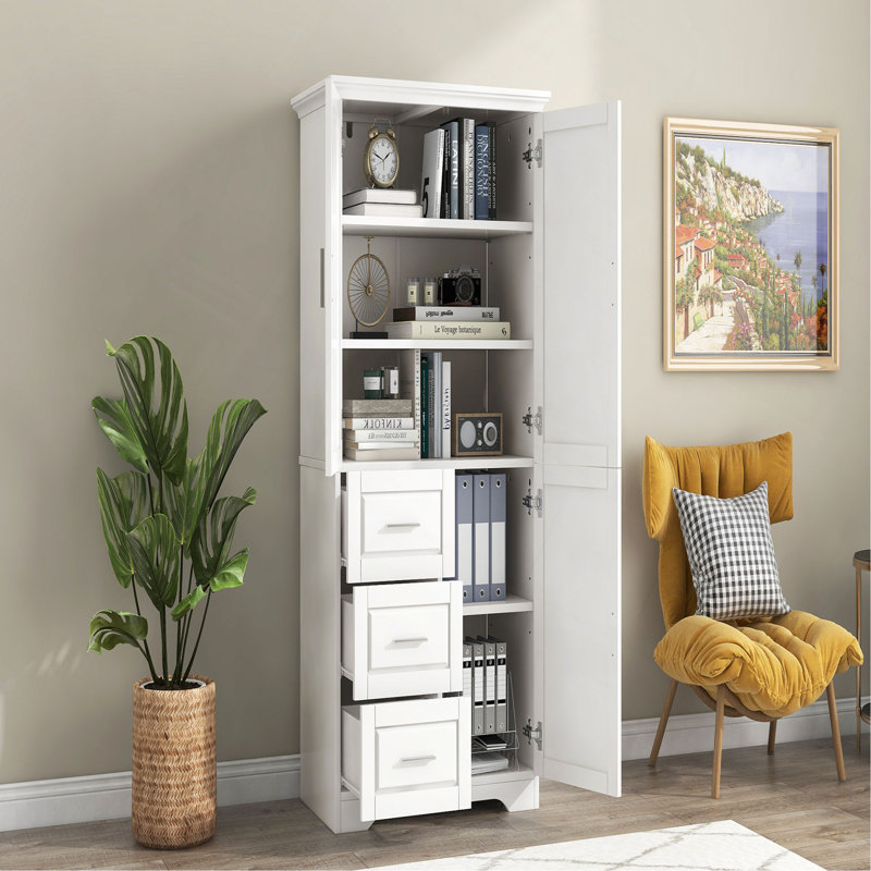 Armoire de rangement haute et large avec portes pour salle de bain / bureau, trois tiroirs