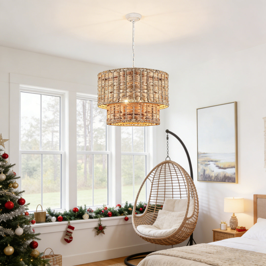Kaetlin 5 - Light 2-Tier Bohemian Drum Natural Rattan Chandelier-18.9"W x 76"H House of Hampton® Base 