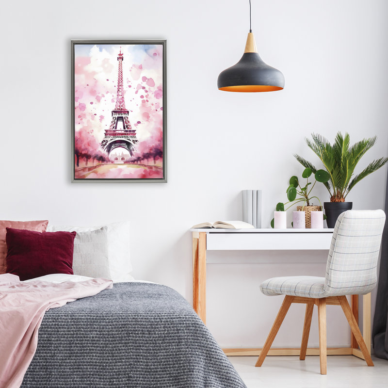 Cadre flottant avec tour Eiffel Blush Watercolor, design Creative Studio, H 25 po x l 17 po, Cadre flottant gris lustré
