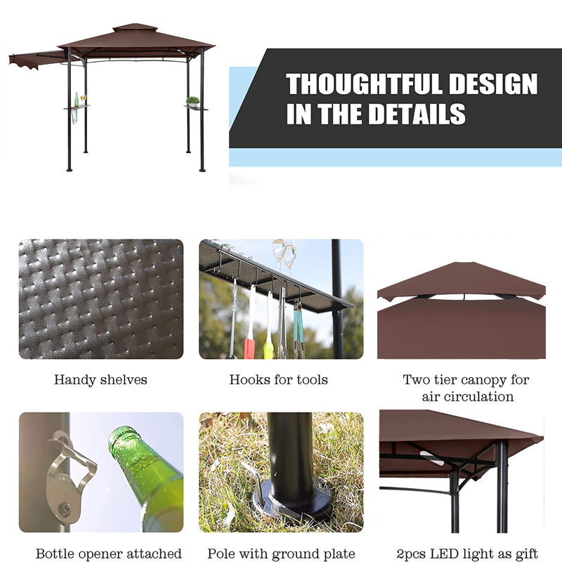 11Ft. W x 5 Ft. D Soft Top Grill Gazebo with a Side Collapsible Awning, Brown