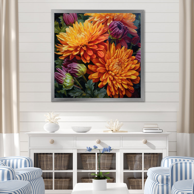 Orange mamans mauves en fleurs sur toile, Cadre simple argenté, H 36 po x l 36 po x P 1,5 po
