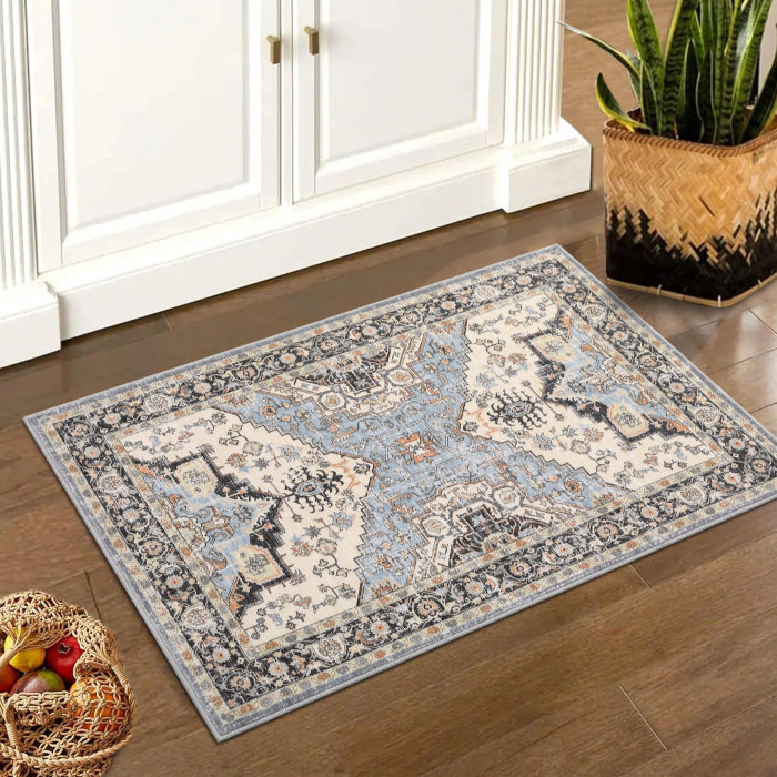 Tapis décoratif antidérapant lavable à motif floral rétro, Rectangle 2 pi x 3 pi