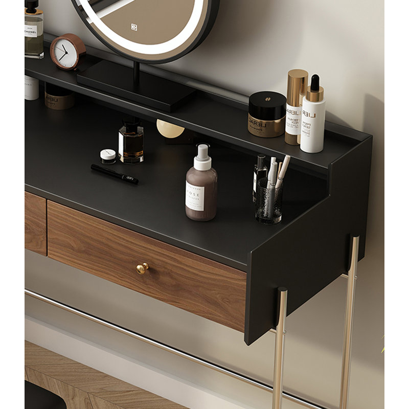 Retro black walnut dressing table with multi-level display storage shelves