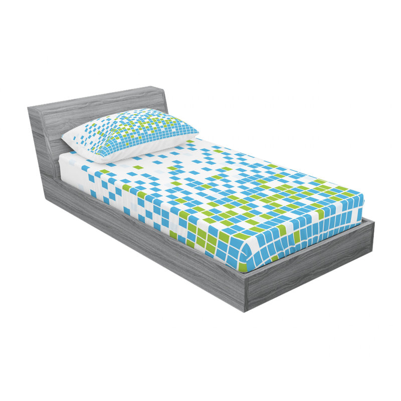Microfiber Geometric Sheet Set, Twin XL Sheet Set with Fitted Sheet, Mosaic Grid Pixel Geometric