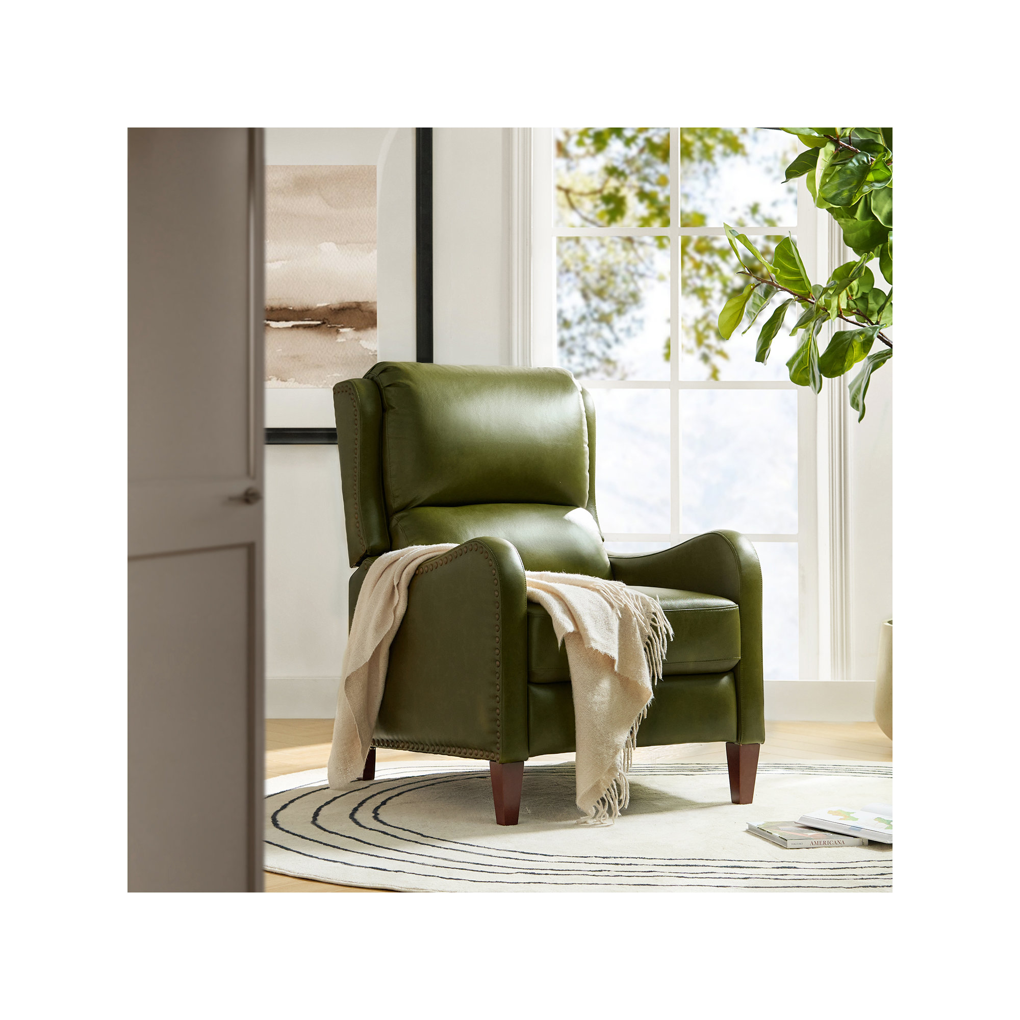 Beecher 28.75" Wide Genuine Leather Manual Club Recliner, Olive Top Grain Leather