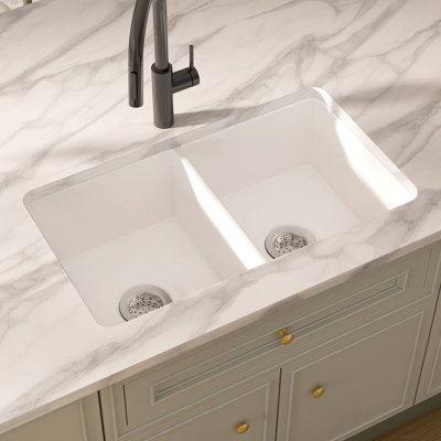 Oslo 32" W x 19" D Double Bowl Fireclay Undermount/Drop-In Kitchen Sink in White with Accessories