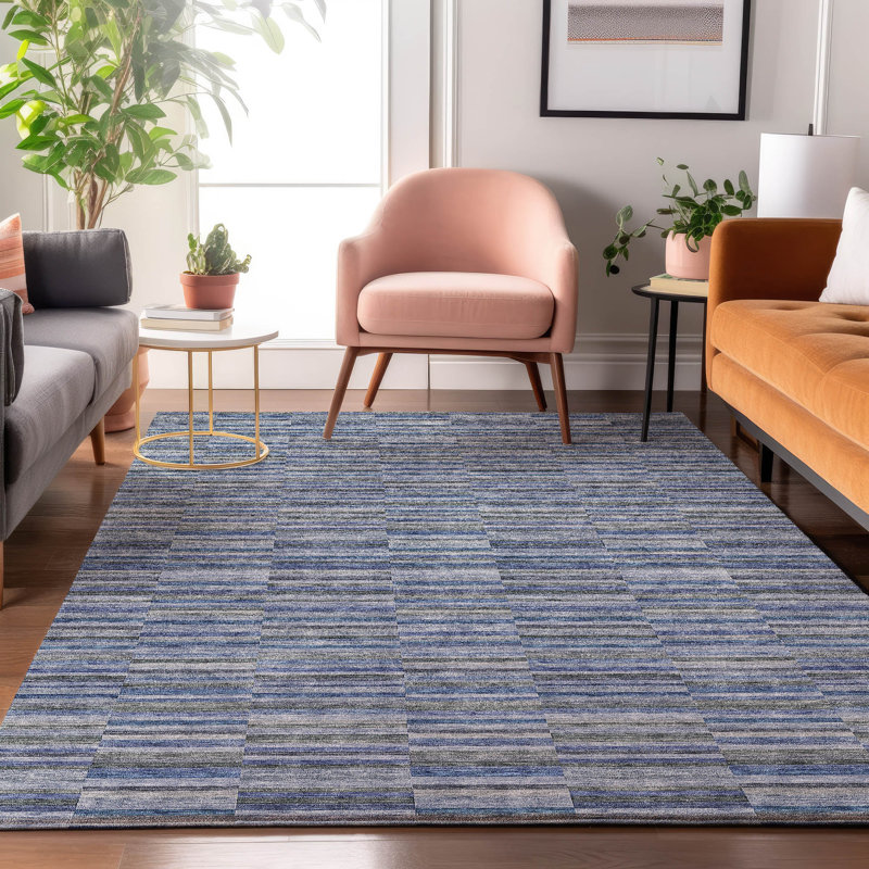 Tapis bleu marine de qualité supérieure lavable à la machine Prisco, Rectangle 5 pi x 7 pi 6 po