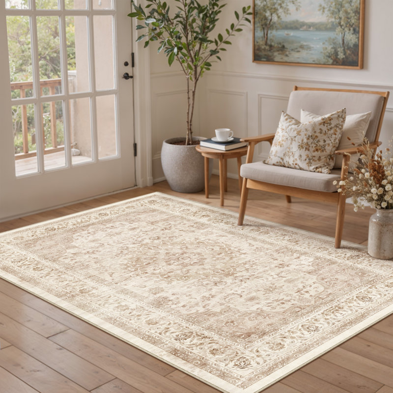 Stella Oriental Beige Area Rug with Non-Slip Backing & Roll-Pack Design, Rectangle 3' x 5'