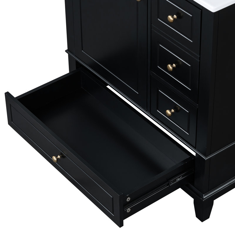 Lavabo de salle de bain 30 po, charnières de porte noires à fermeture en douceur, une avec tablette et 3 tiroirs, finition noire, construction, porte, rangement 1 et