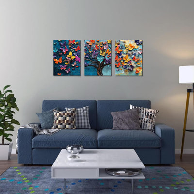 Set of 3 Butterfly Wall Art Canvas Prints, 16 x 24 inch, Colorful Tree of Life Pictures Oil Painting Modern Abstract Butterfies Tree