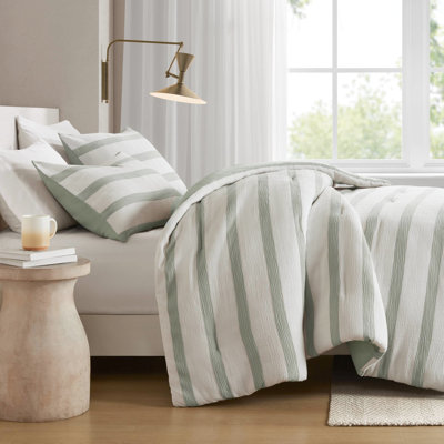 Édredon très grand / très grand avec rayures horizontales, effet froissé doux, confort toute l'année, envers en microfibre, style sauge 3 pièces facile d'entretien, chaleur toutes saisons, standard, lavable à la machine