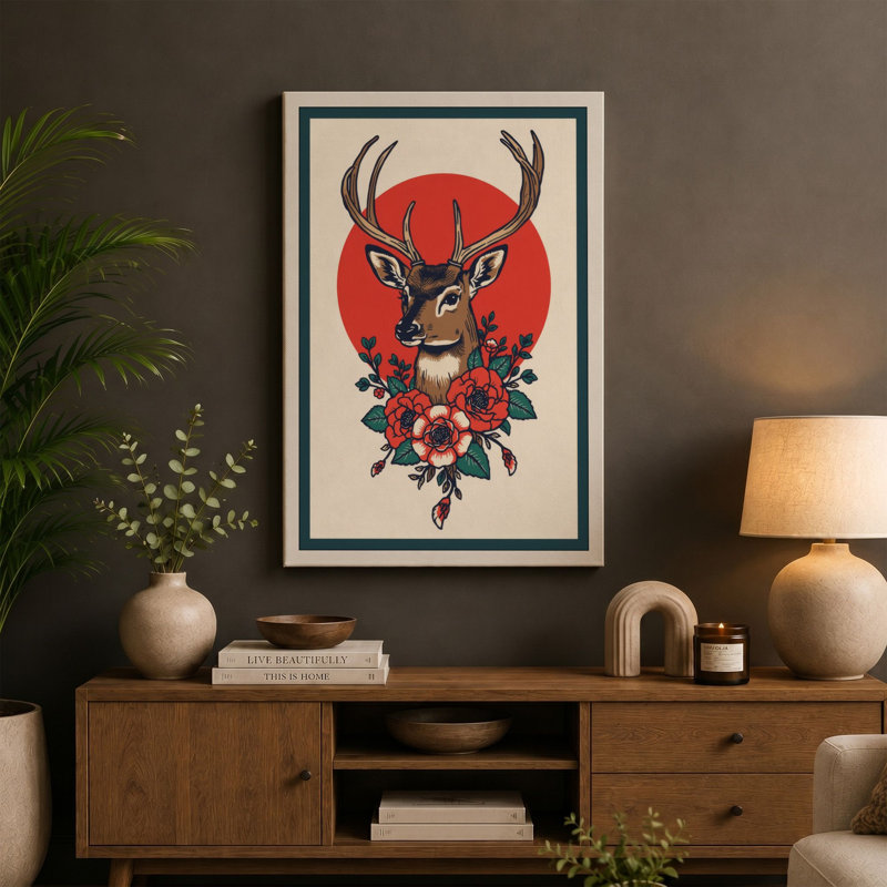 Crowned Deer Boho - Wrapped Canvas, 18x12 - 45.7 x 30.5 cm, Sage Border