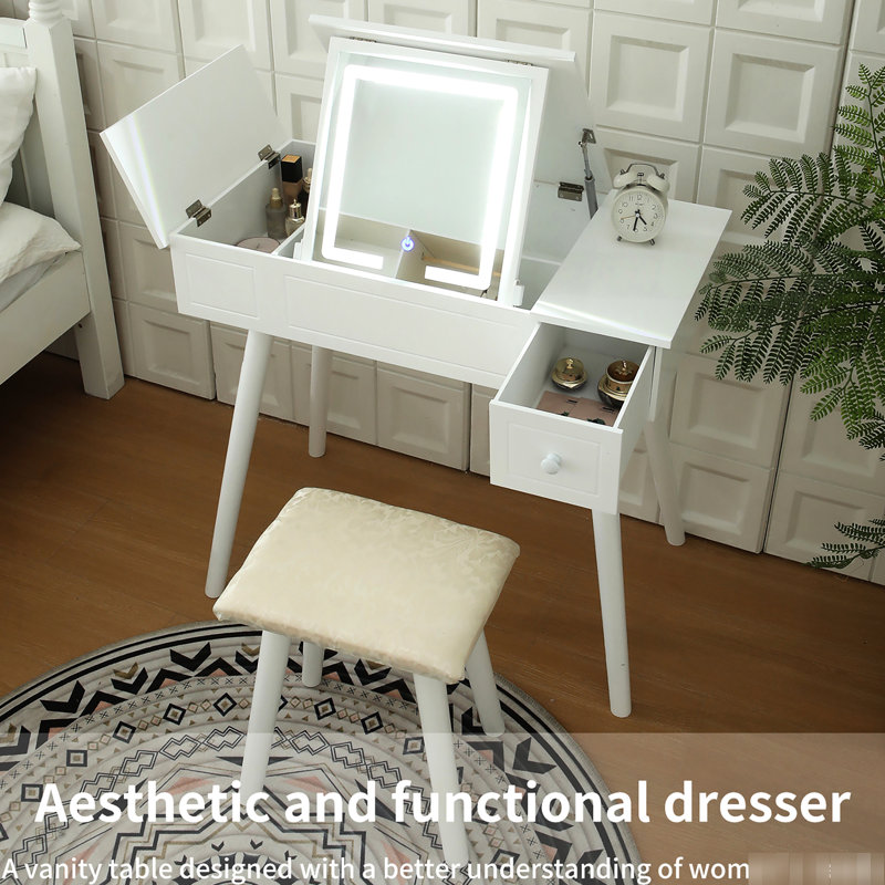 Table de coiffeuse avec miroir en bois blanc laiteux et éclairage à DEL, bureau de maquillage pour la salle de bain, miroir de 3 modes de rangement spacieux et efficace