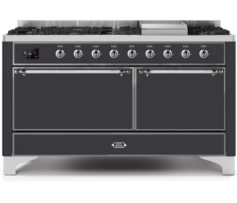 ILVE UM15FDQNS3BKCLP Majestic II 60 inch Dual Fuel Range with 9 Burners, Griddle (Liquid Propane, Solid Door, Glossy Black, Chrome)
