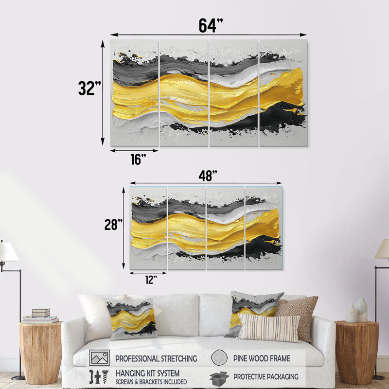 Fugue noire jaune en colo I - décoration murale néo-expressionniste jaune - art mural moderne, 4, H 28 po x l 48 po